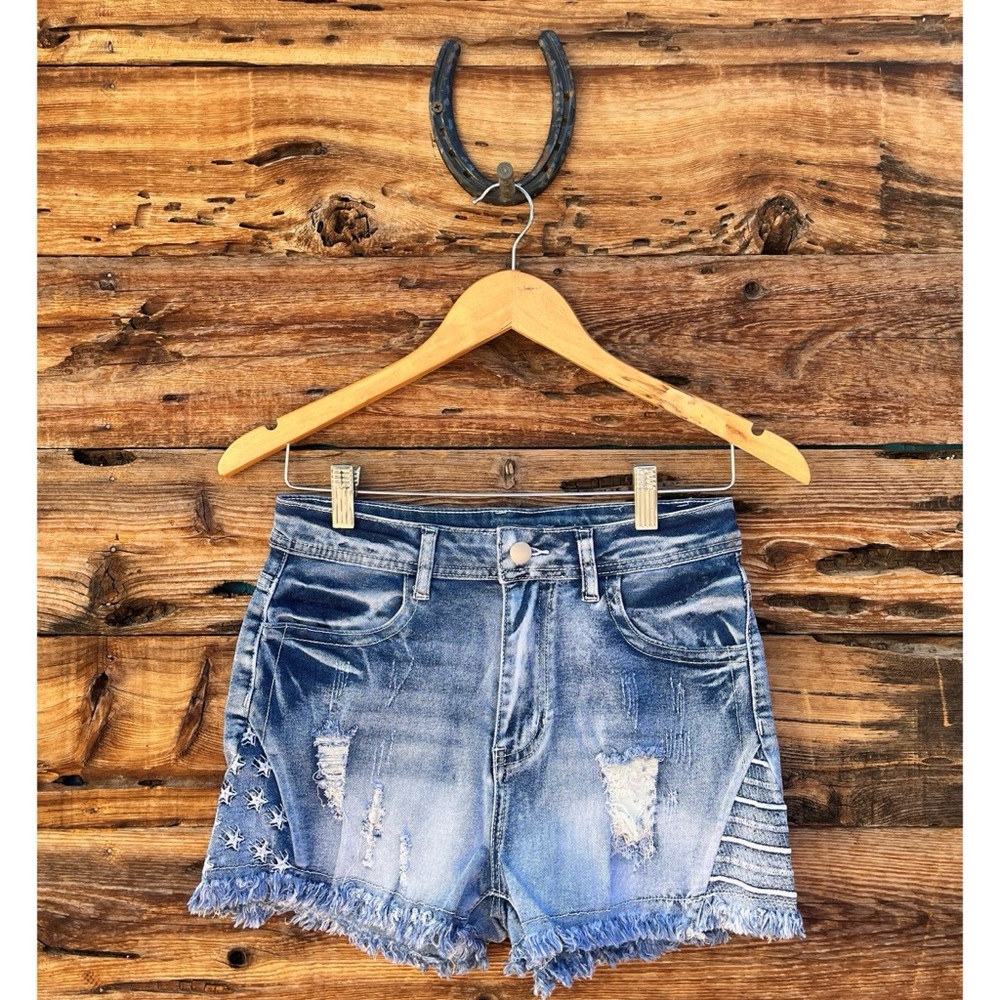 UNBRANDED | Distressed Embroidered Stars Stretch Cut-Off Denim Jean Shorts M